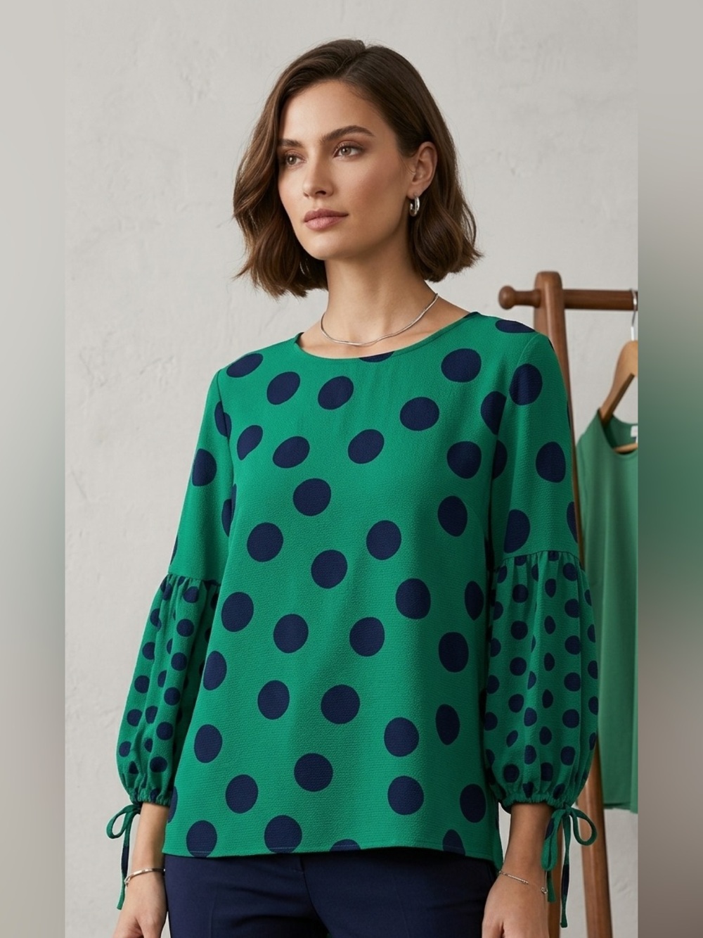 Cato Green Polka Dot Blouse with Navy Dots